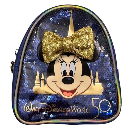 Minnie backpack 50th anniversary! Disney world blue & gold top handle & straps - Picture 1 of 4